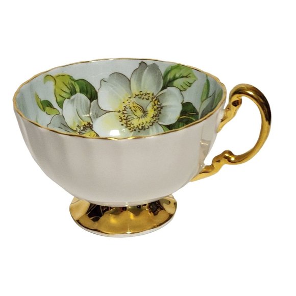 AYNSLEY England DOGWOOD Pattern Light Blue Cup & Saucer Magnolia Flowers - Picture 11 of 12